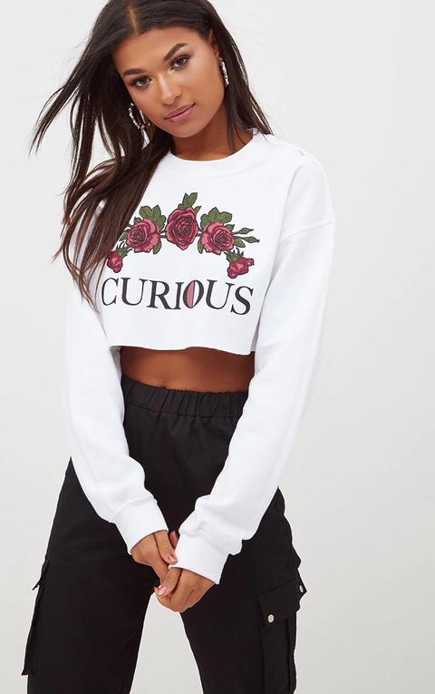 White Curious Slogan Rose Print Crop Sweater, White