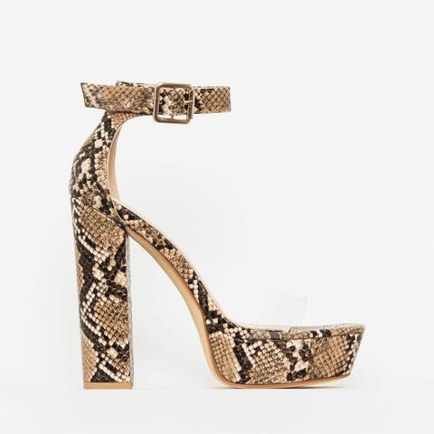 Milly Beige Snake Print Clear Platform Block Heels