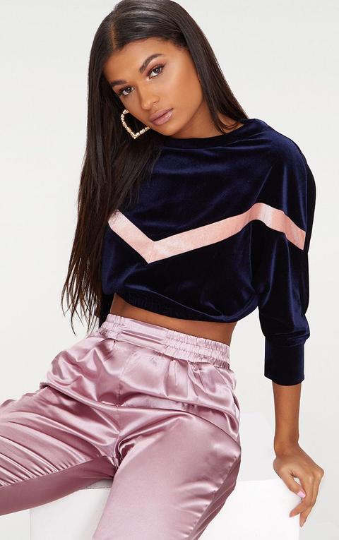 Navy Velvet Contrast Chevron Stripe Crop Top
