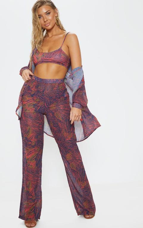 Neon Pink Leaf Print Beach Flares, Pink