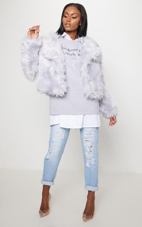 Ice Grey Faux Fur Oversized Jacket, Ice Grey