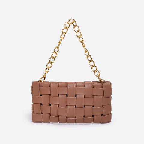 Blogger Woven Shoulder Bag In Nude Faux Leather,, Nude