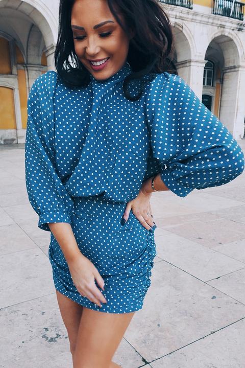 Blue Dresses - Lorna Luxe 'don't Speak' Polka Dot Blue Mini Dress