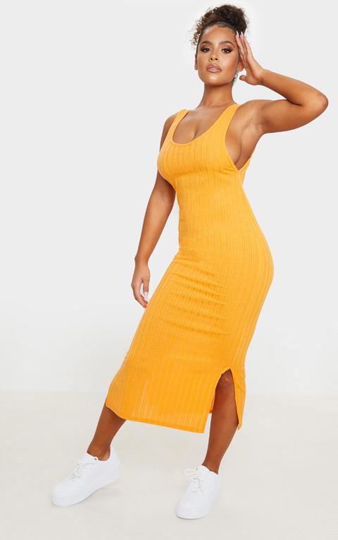 Robe Pull Côtelée Orange À Col Arrondi Et Fente, Orange