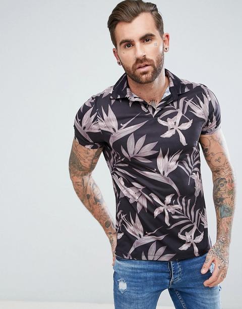 Asos - Polo A Fiori Con Collo A Rever - Nero