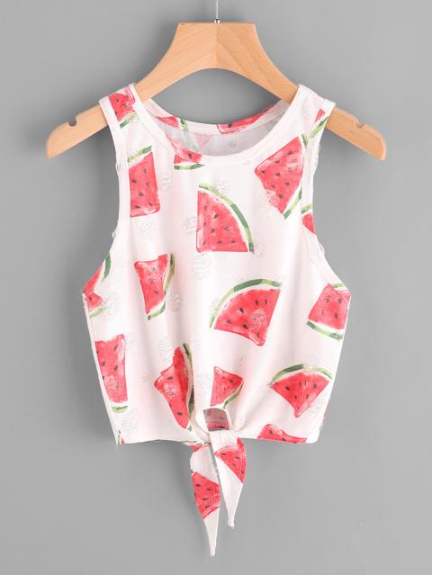 Watermelon Print Knot Front Frayed Dot Tank Top