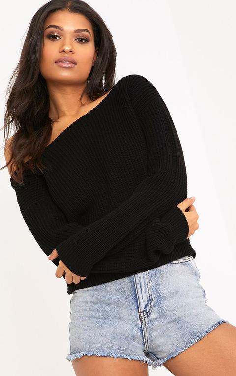 Black Off The Shoulder Knitted Crop Jumper
