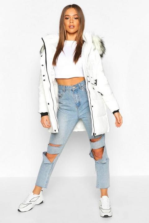 Faux Fur Trim Parka Coat, Blanco