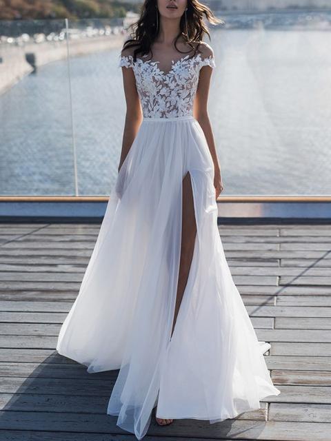 Maxi Abiti Spacco In Pizzo Drappeggiato Con Scollo Av Elegante Bianco