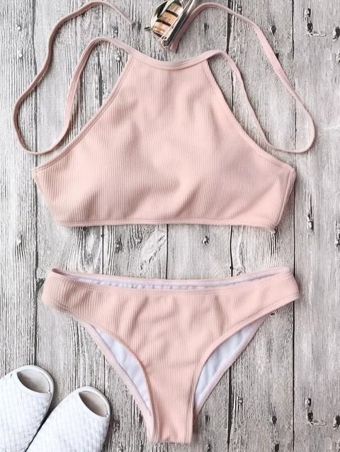 Bikini A Costine Con Collo Alto Pink