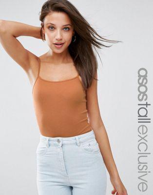 Asos Tall - Canotta Body A Coste Con Scollo Squadrato - Marrone