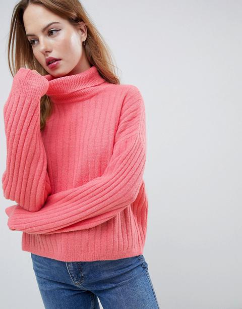 Asos Design - Morbido Maglione Dolcevita A Coste - Rosa