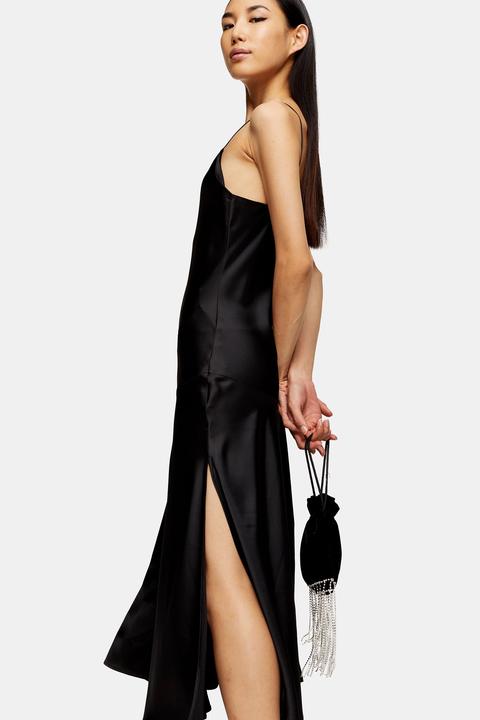 black ruched slip dress