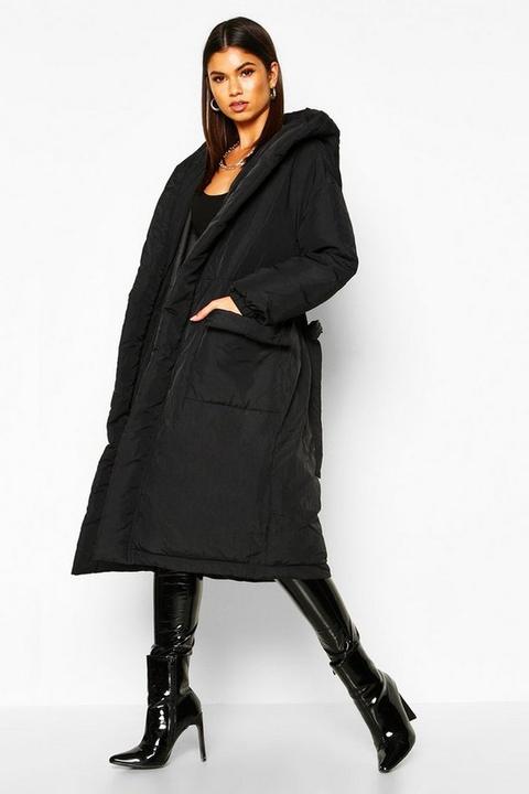 Womens Hooded Belted Longline Puffer Jacket - Black - 10, Black