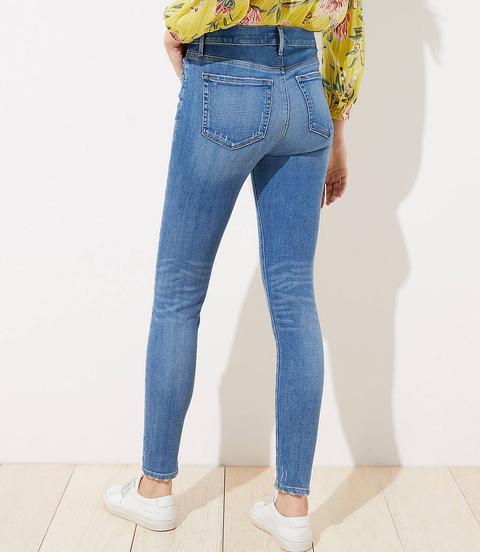 Destructed High Rise Slim Pocket Skinny Jeans In Indigo Wash