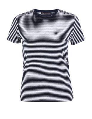 M&s Womens Cotton Rich Striped Fitted T-shirt - 6sht - Navy Mix, Navy Mix