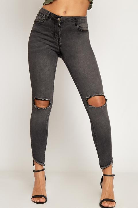 Keyla Distressed Ripped Knee Skinny Ankle Jeans - Charcoal Grey