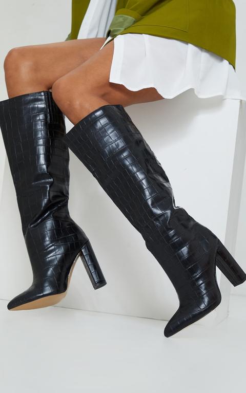 Black Wide Fit Croc Pu Knee High Point Block Heel Boots