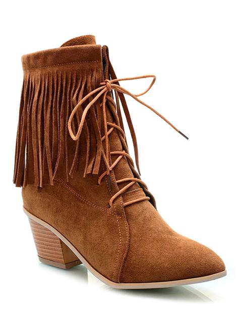 Fringe Tie Up Chunky Heel Short Boots
