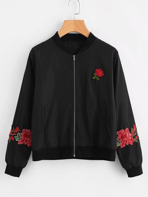 Embroidered Rose Patch Zip Up Jacket