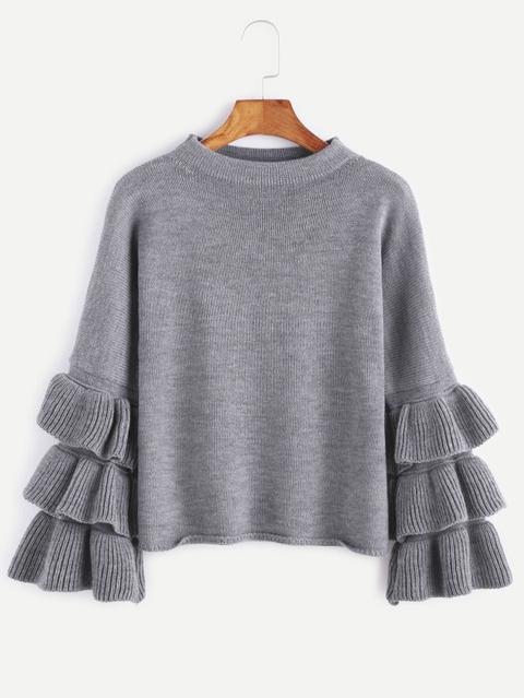 Maglione Pullover Maniche Increspate A Strati - Grigio