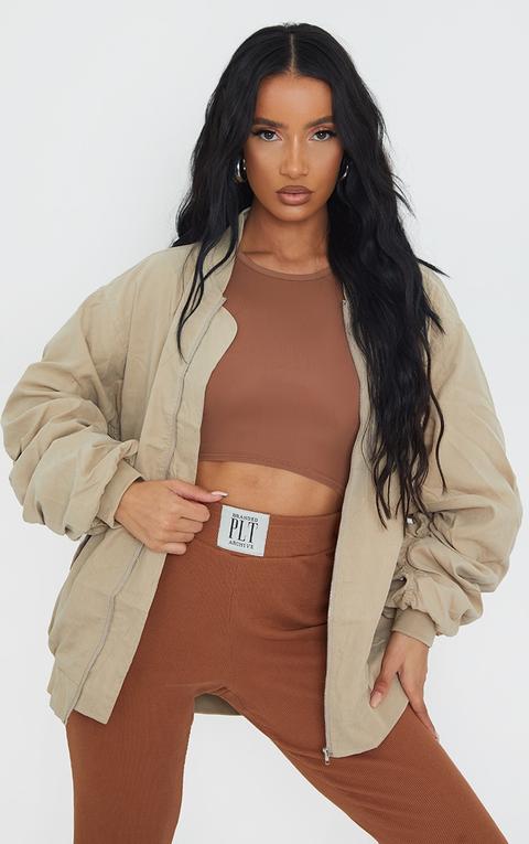 Stone Peach Skin Oversized Ruched Sleeve Bomber Jacket