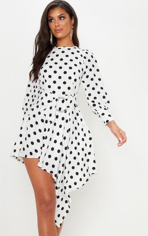 White Polka Dot Balloon Sleeve Belted Asymmetric Skater Dress