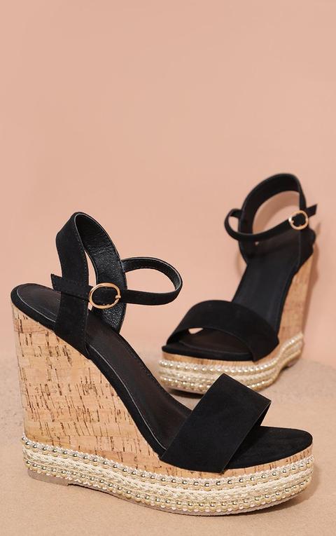 Black Studded Cork Wedge Sandal, Black