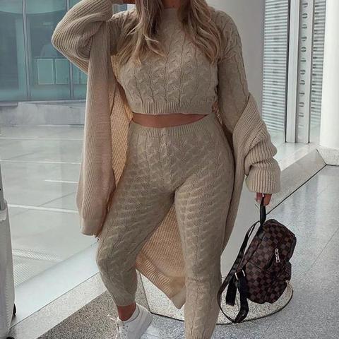 Beige Cable Knit Long Sleeve Cropped Top And Legging Lounge Set