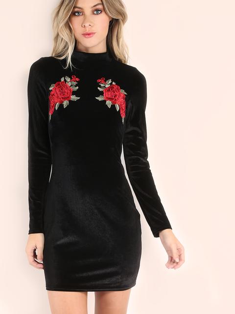 Vestito Bodycon Di Velluto Stampato Rose Nero