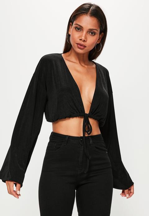 Black Drawstring Hem Blouson Sleeve Crop Top