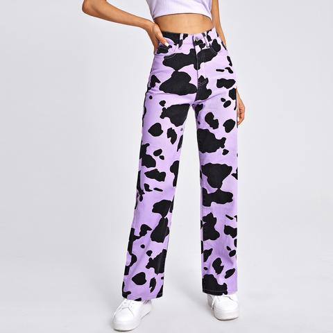 High Waist Cow Print Straight Leg Jeans