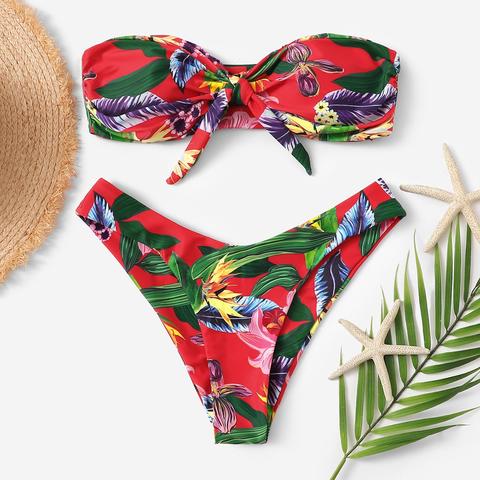 Set Bikini Tropicale Casuale Con Nodo Frontale