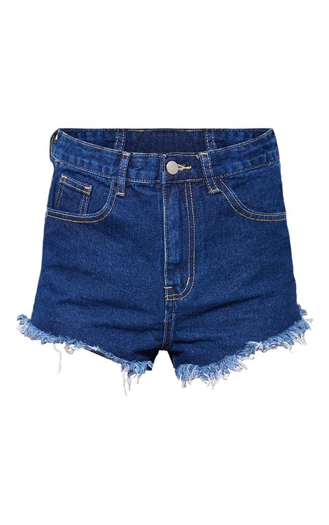 Prettylittlething Dark Blue Wash Frayed Hem Denim Shorts