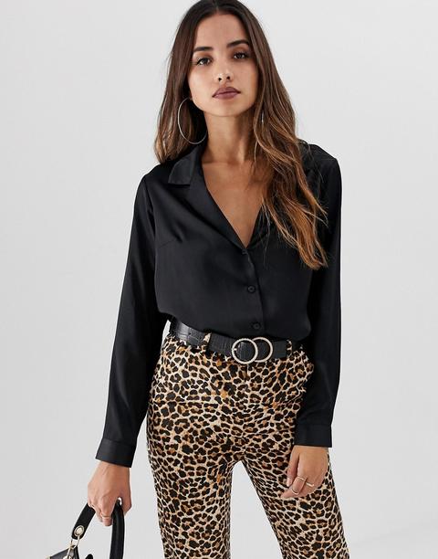 Asos Design Relaxed Satin Long Sleeve Shirt In Black