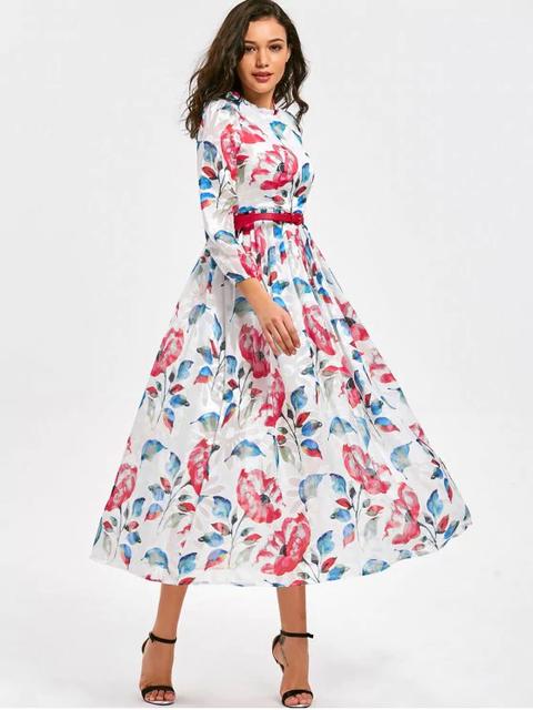 Vestido Estampado Con Estampado De Flores De Cintura Alta