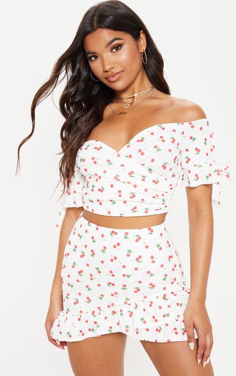 White Cherry Printed Frill Detail Wrap Mini Skirt