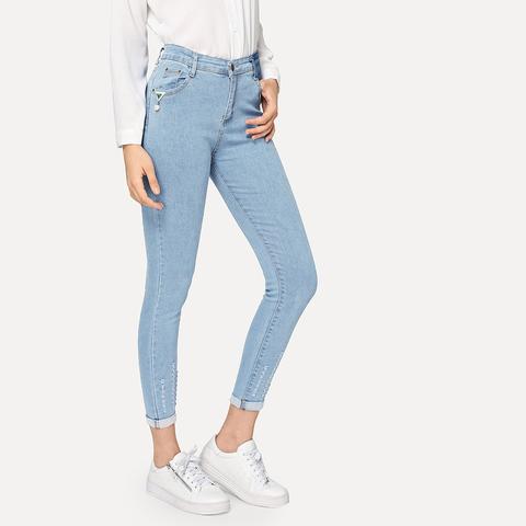 Jeggings Con Strappato E Orlo Arrotolato