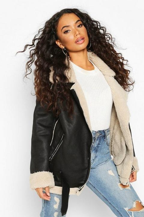 Womens Petite Teddy Fur Lined Aviator - Black - L, Black