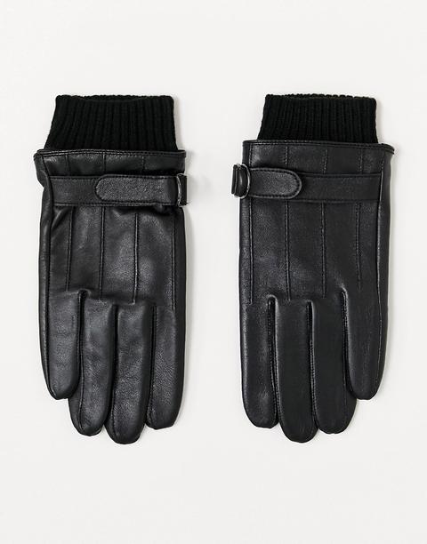 Asos Design Touchscreen Leather Gloves In Black With Cuff Detail