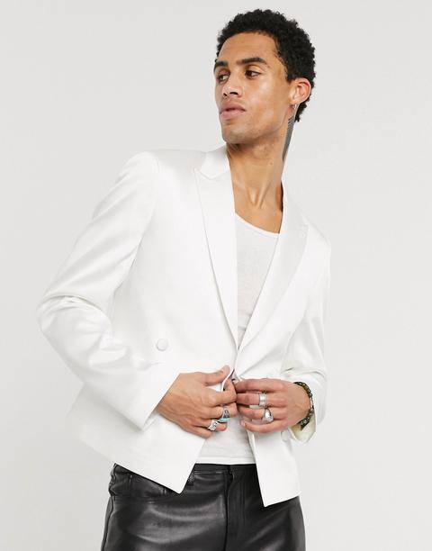 Asos Design Skinny Cropped Blazer White Satin