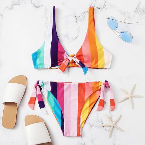 Set Bikini A Righe Con Nodo E Nodo Laterale