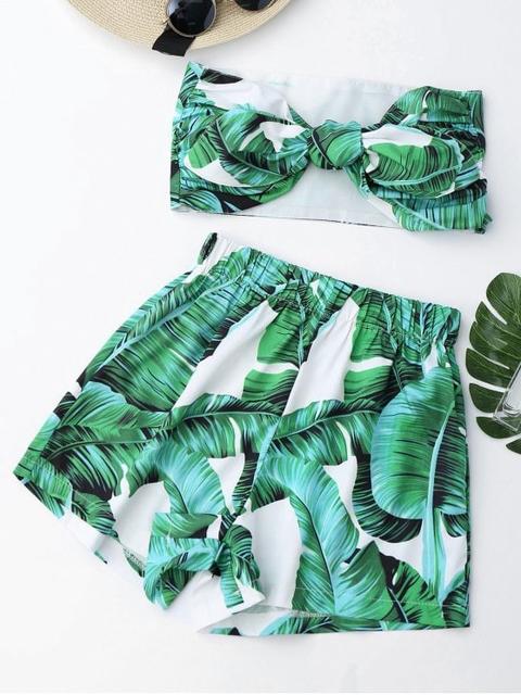 Tied Bandeau Top With Palm Leaf Print Shorts