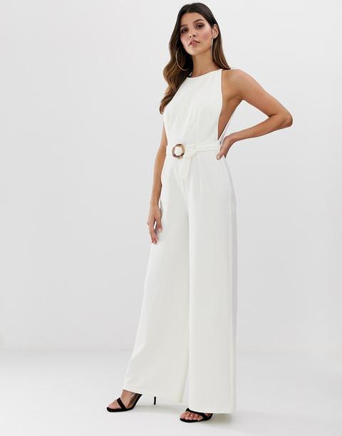 Mono Largo De Estilo Minimalista De Pernera Ancha Con Detalle De Hebilla Y Sisas Caídas De Asos Design-blanco