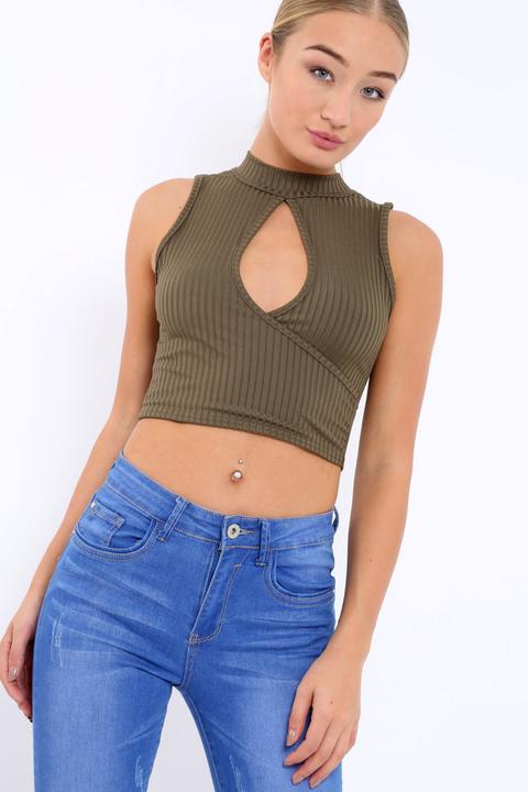 Khaki Ribbed High Neck Crop Top - Kamira