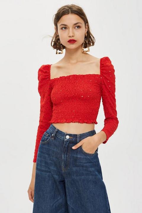 Womens Daisy Lace Shirred Top - Red, Red