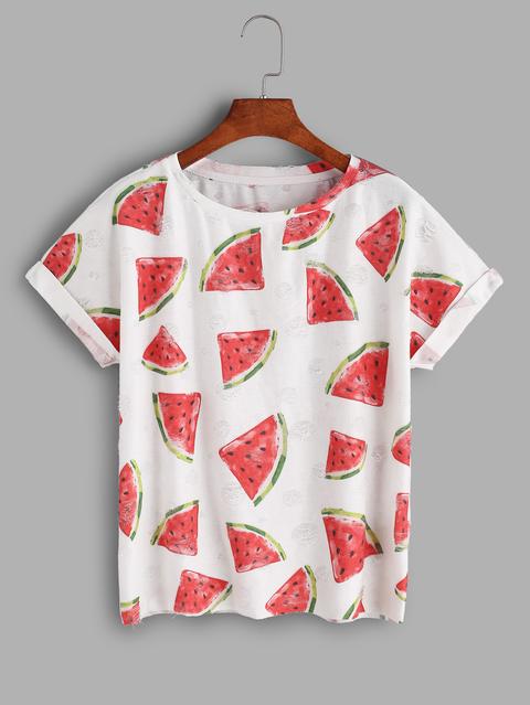 Watermelon Print Frayed Dot Tee