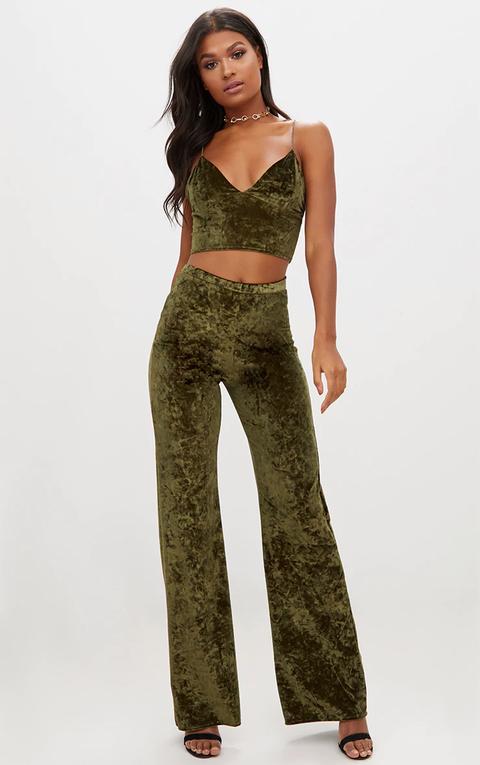 Khaki Crushed Velvet Wideleg Trousers, Green