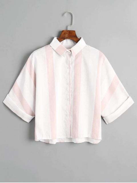 Camisa De Rayas Suelta Con Botones Light Blue Pink