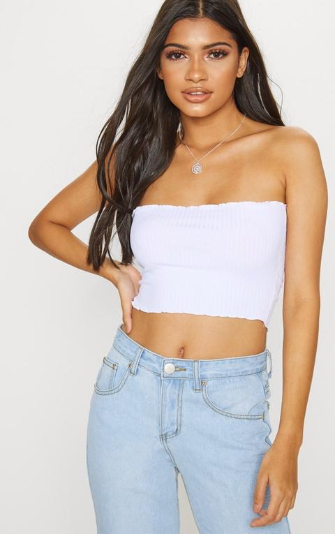 Crop Top Bandeau Blanc Côtelé À Volants, Blanc